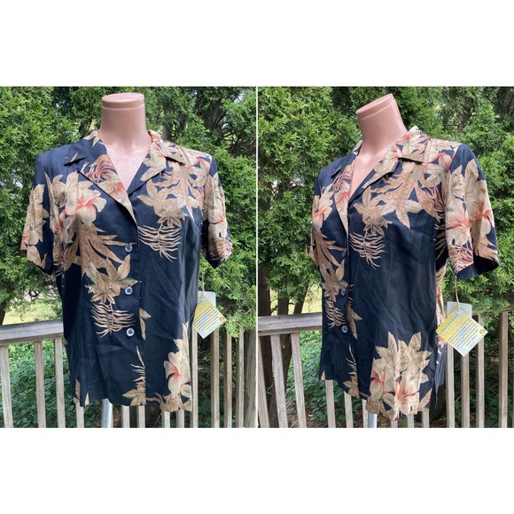 NWT Size M Tropical Trade Winds Hawaiian Aloha Shirt Silk 100% Black Floral - Picture 2 of 3